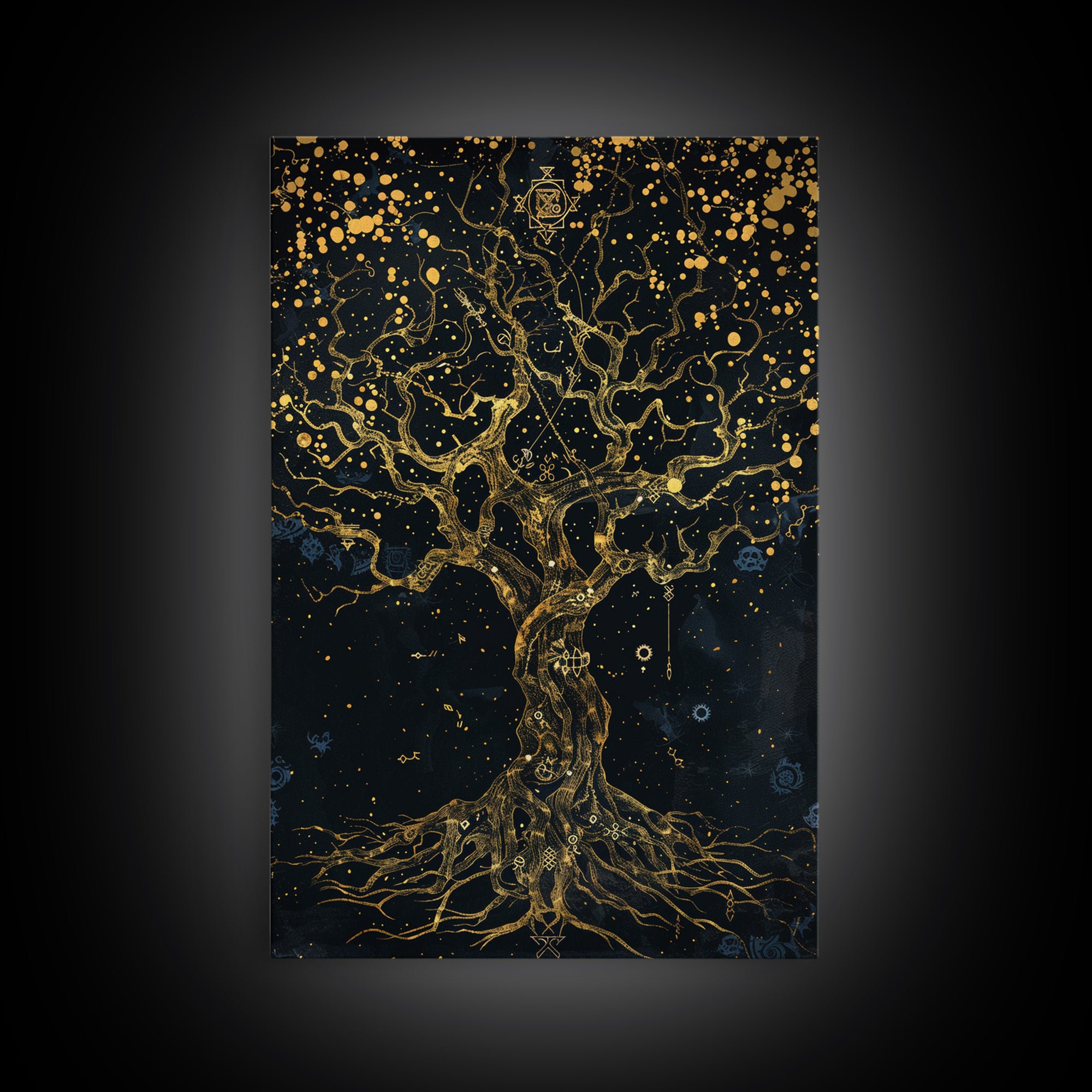 Mystical Tree Of Life Gold Canvas Art, Celestial Symbolic Nature Canvas Print, Real Wood Frame Wall Décor, Sacred Mythology Fantasy Artwork