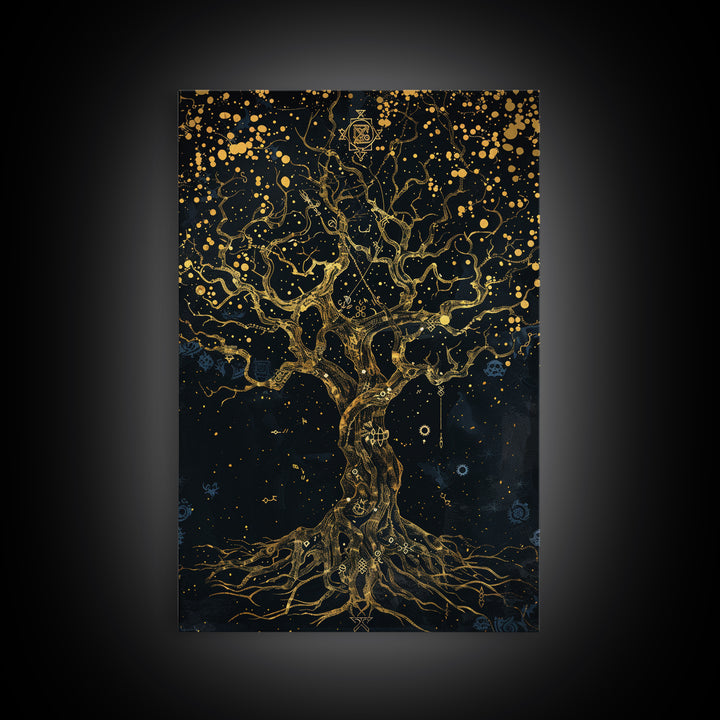Mystical Tree Of Life Gold Canvas Art, Celestial Symbolic Nature Canvas Print, Real Wood Frame Wall Décor, Sacred Mythology Fantasy Artwork