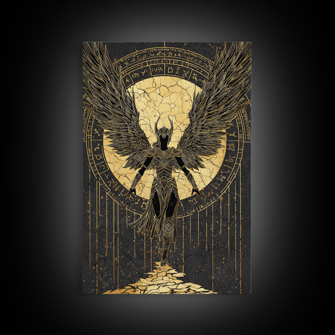 Celestial Angel Gold Canvas Art, Majestic Winged Warrior Canvas Print, Real Wood Frame Wall Décor, Divine Fantasy Statement Artwork