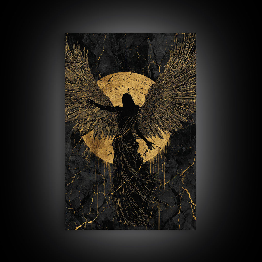 Heavenly Guardian Gold Canvas Print, Radiant Angel Art On Canvas, Real Wood Frame Wall Décor, Celestial Spiritual Artwork