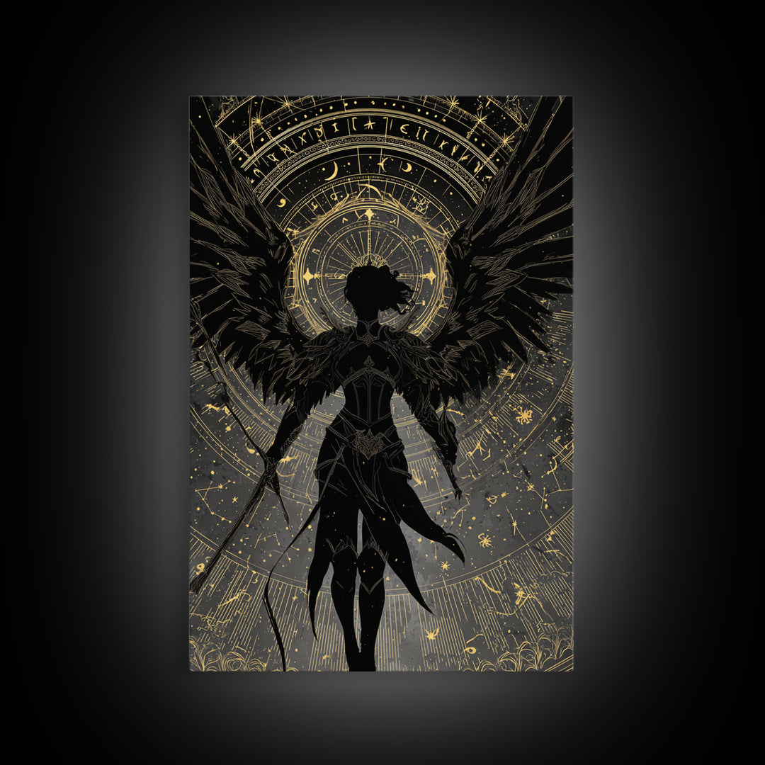 Celestial Archer Gold Canvas Art, Angel With Wings Canvas Print, Real Wood Frame Wall Décor, Divine Warrior Fantasy Artwork