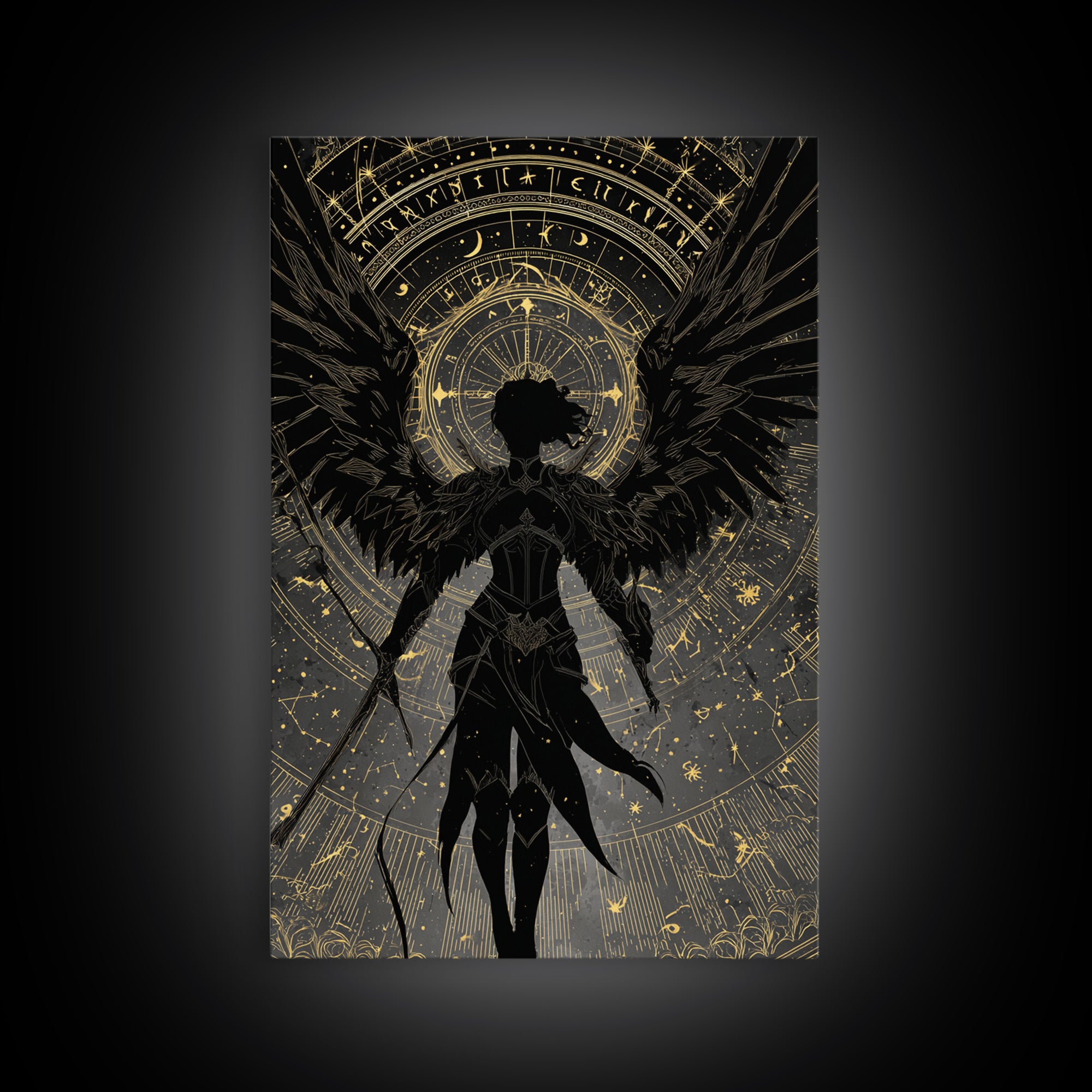 Celestial Archer Gold Canvas Art, Angel With Wings Canvas Print, Real Wood Frame Wall Décor, Divine Warrior Fantasy Artwork