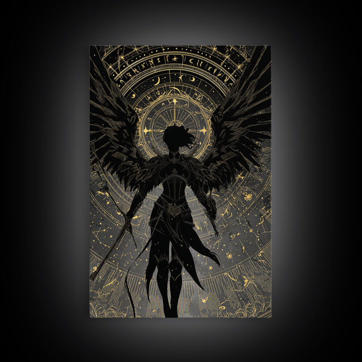 Celestial Archer Gold Canvas Art, Angel With Wings Canvas Print, Real Wood Frame Wall Décor, Divine Warrior Fantasy Artwork