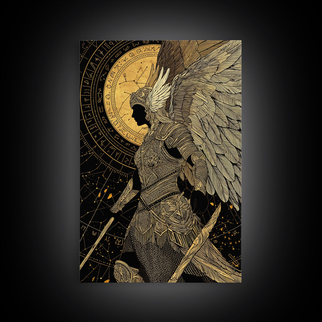 Divine Protector Gold Canvas Print, Angelic Warrior Art On Canvas, Real Wood Frame Wall Décor, Celestial Mythology Artwork