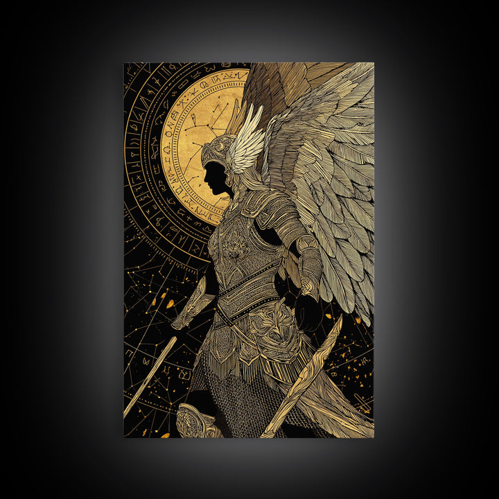 Divine Protector Gold Canvas Print, Angelic Warrior Art On Canvas, Real Wood Frame Wall Décor, Celestial Mythology Artwork