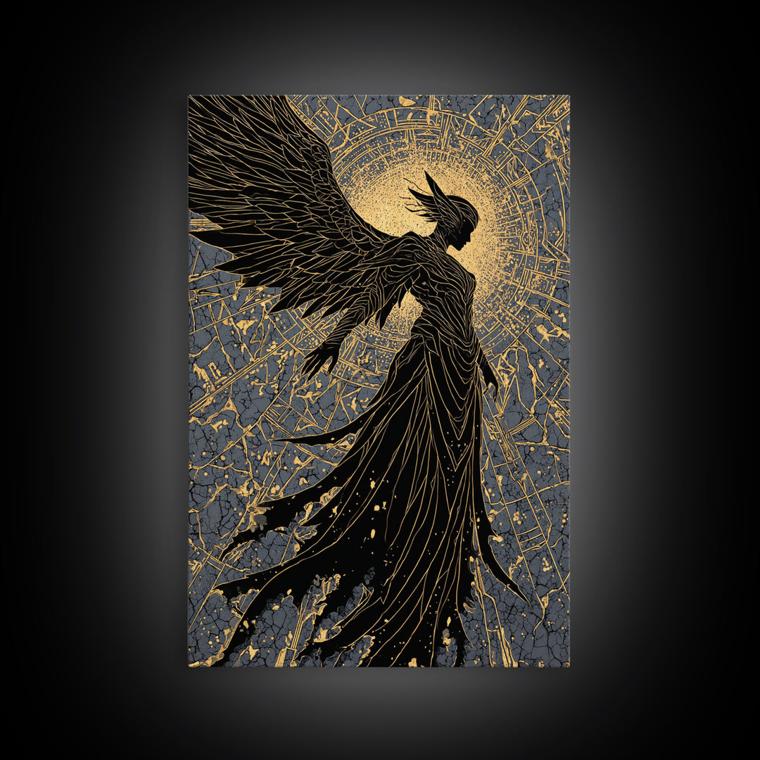 Radiant Angel Gold Canvas Art, Celestial Winged Guardian Canvas Print, Real Wood Frame Wall Décor, Mythology Fantasy Artwork