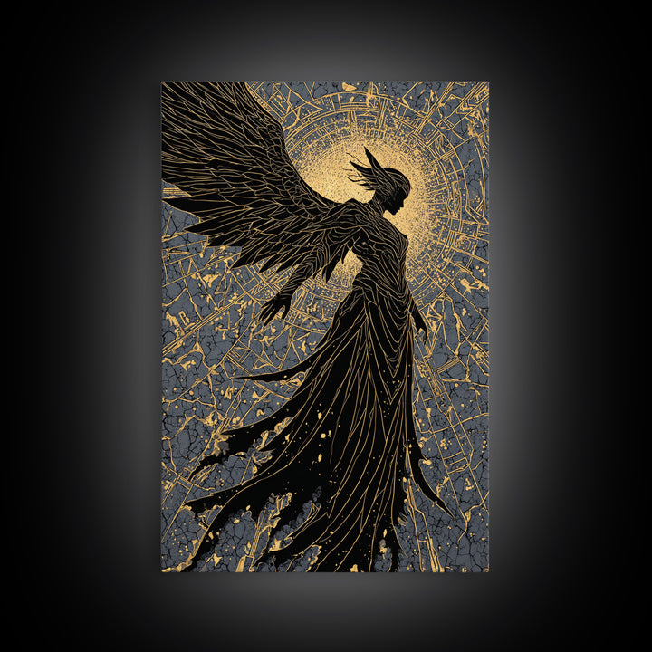 Radiant Angel Gold Canvas Art, Celestial Winged Guardian Canvas Print, Real Wood Frame Wall Décor, Mythology Fantasy Artwork