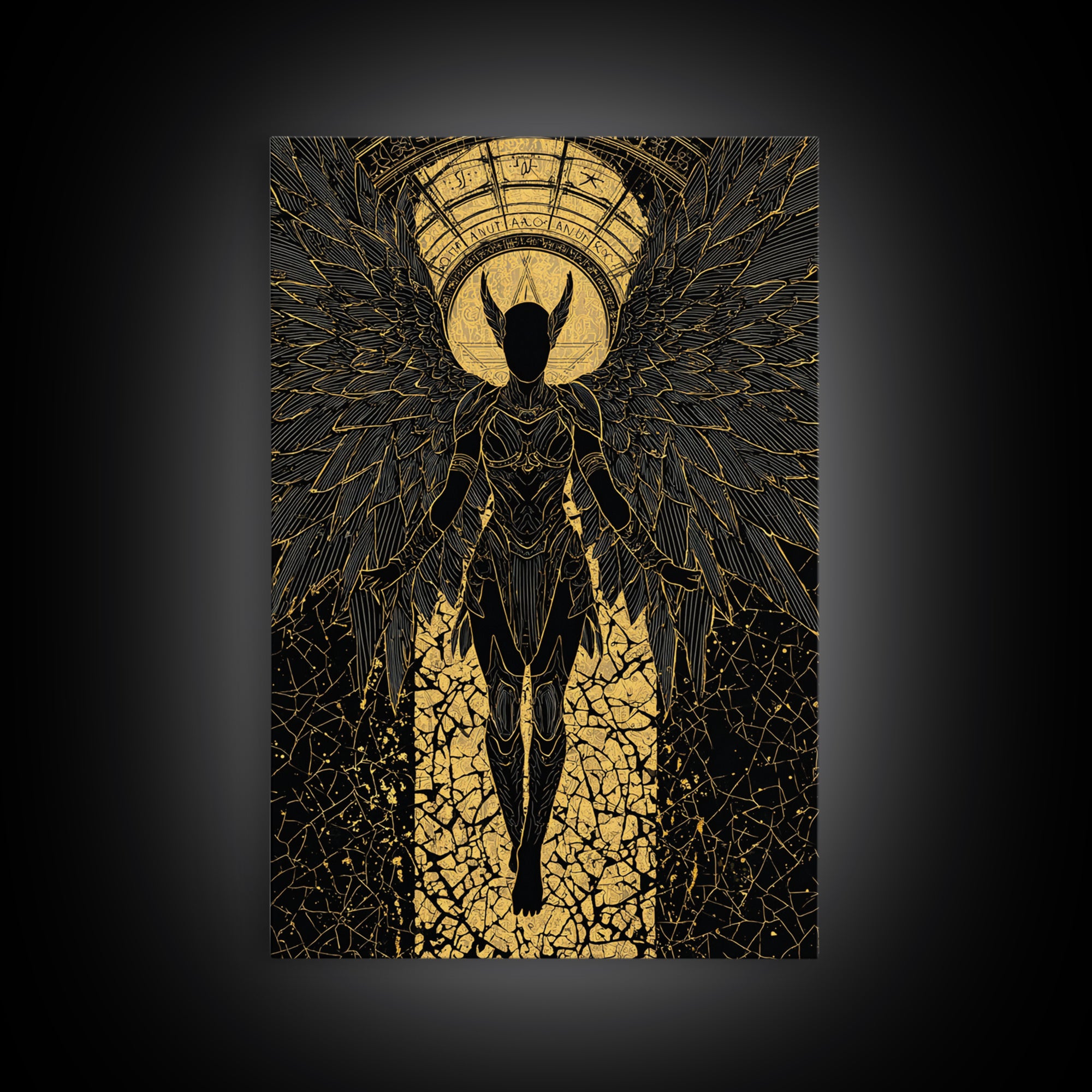 Ascendant Angel Gold Canvas Print, Winged Warrior Art On Canvas, Real Wood Frame Wall Décor, Celestial Divine Statement Artwork