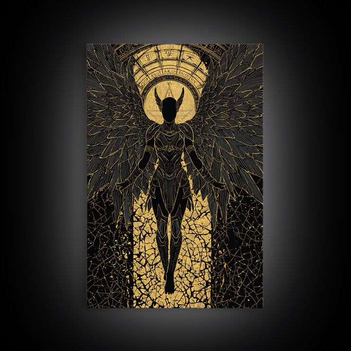 Ascendant Angel Gold Canvas Print, Winged Warrior Art On Canvas, Real Wood Frame Wall Décor, Celestial Divine Statement Artwork