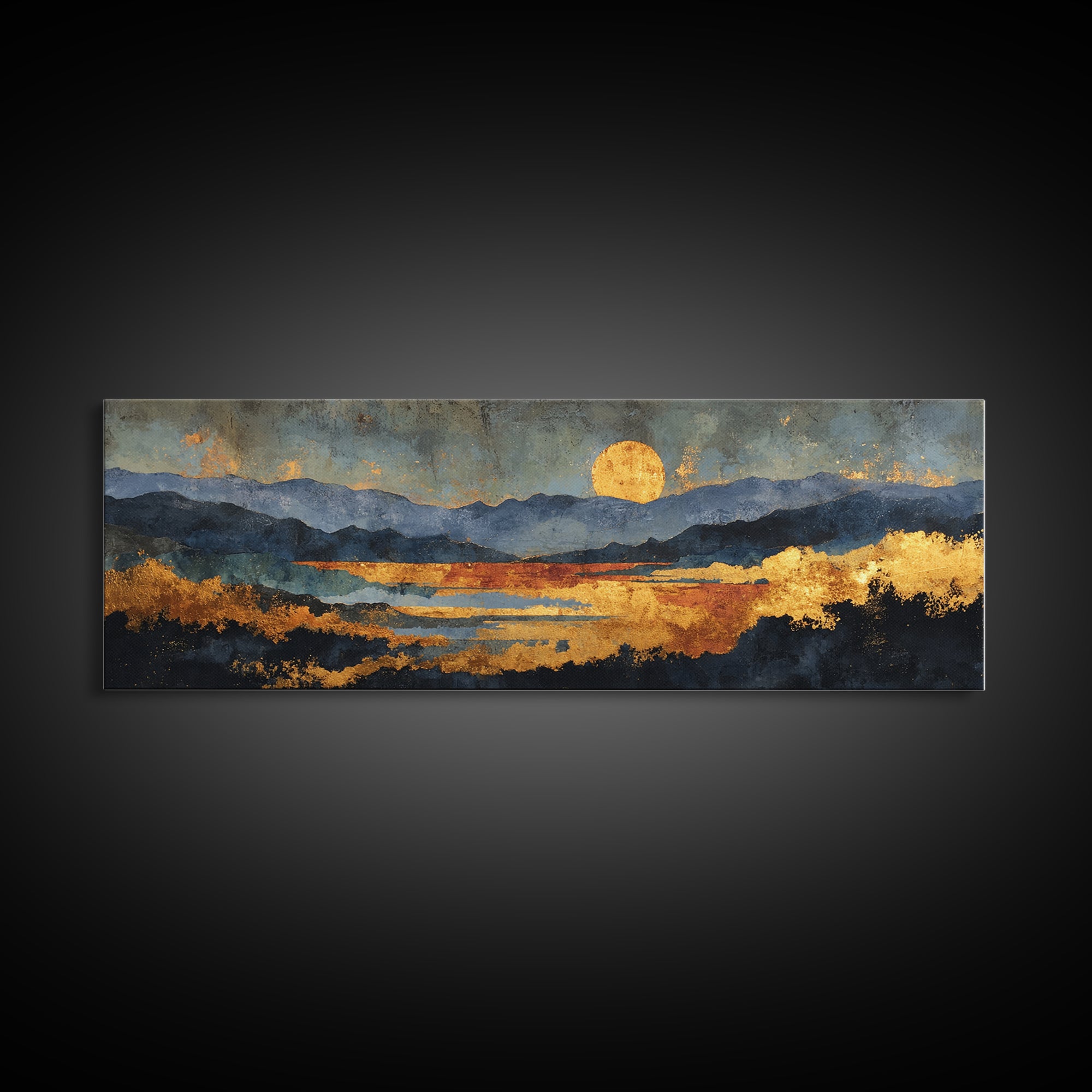 Sunset Over Mountains Gold Canvas Print, Abstract Mountain Landscape Wall Art, Modern Nature Artwork With Real Wood Frame