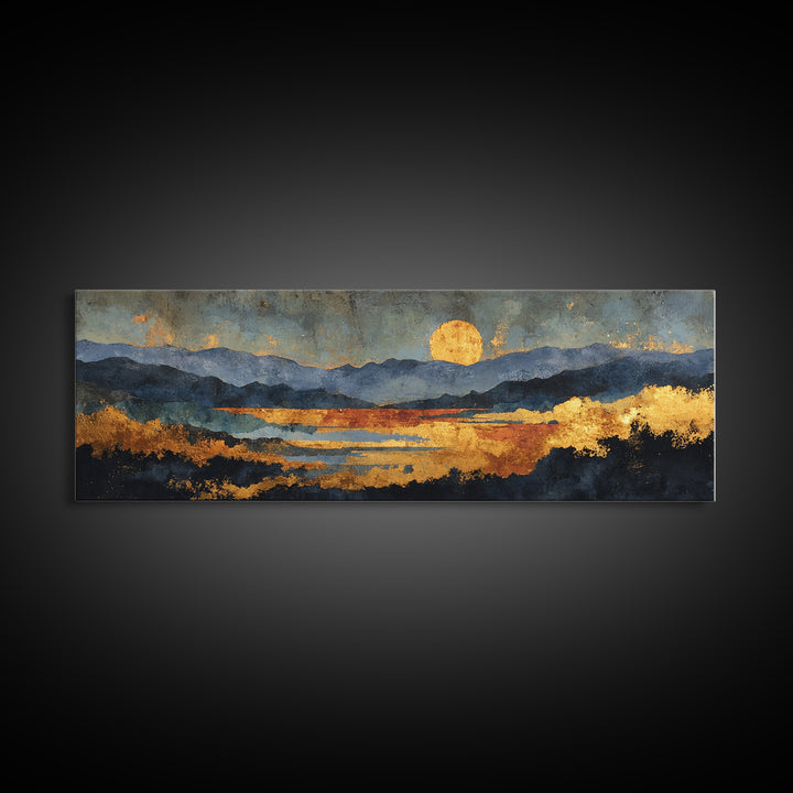 Sunset Over Mountains Gold Canvas Print, Abstract Mountain Landscape Wall Art, Modern Nature Artwork With Real Wood Frame