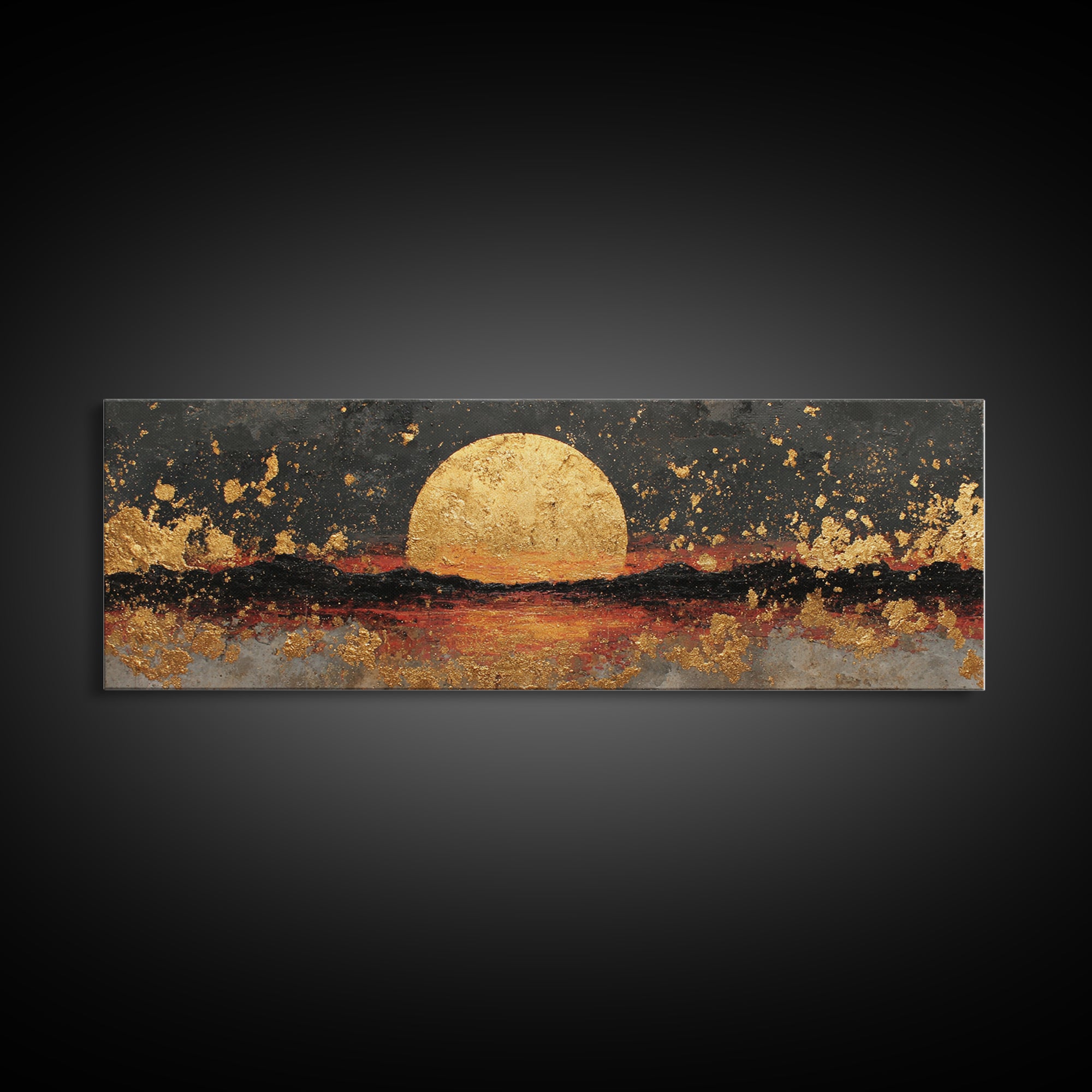 Golden Horizon Gold Canvas Print, Textured Sunset Wall Art, Abstract Sun Over Water Artwork With Real Wood Frame