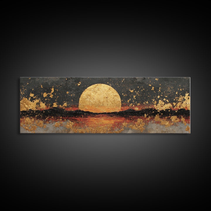 Golden Horizon Gold Canvas Print, Textured Sunset Wall Art, Abstract Sun Over Water Artwork With Real Wood Frame
