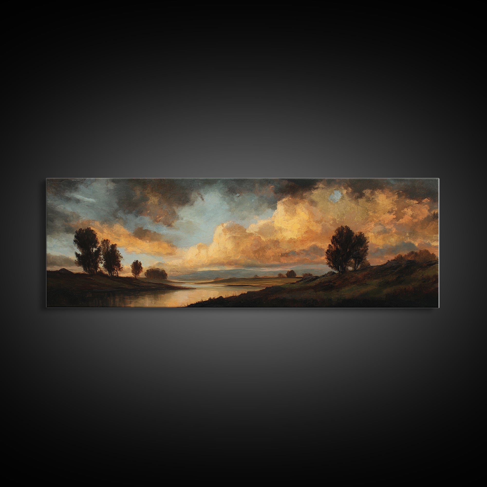 Dramatic Sky Gold Canvas Print, Cloudy Sunset River Landscape Wall Art, Atmospheric Nature Artwork With Real Wood Frame