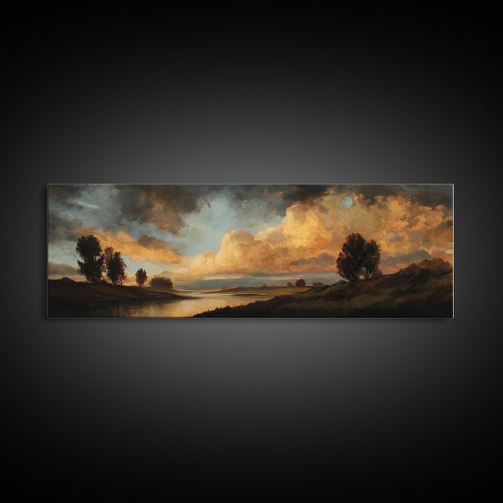 Dramatic Sky Gold Canvas Print, Cloudy Sunset River Landscape Wall Art, Atmospheric Nature Artwork With Real Wood Frame
