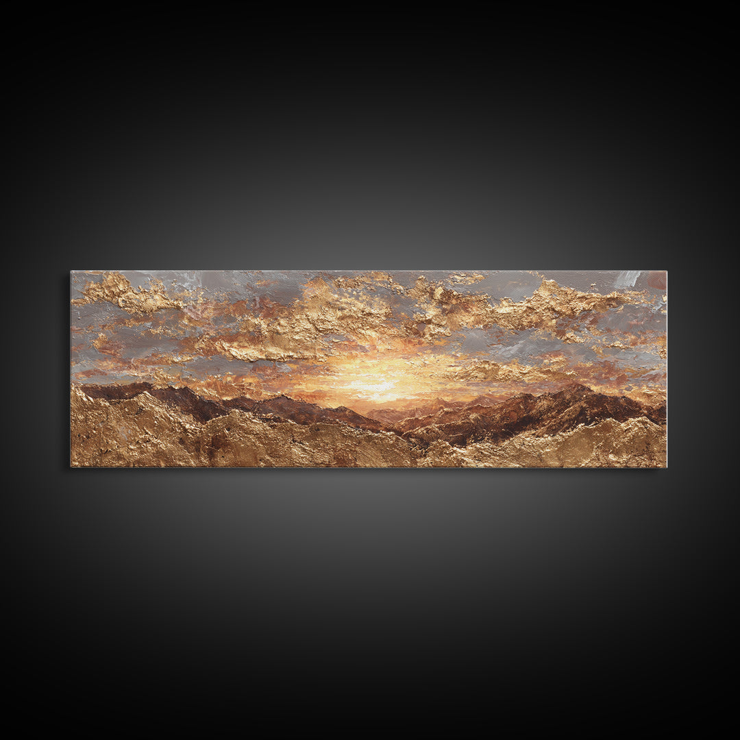 Sunlit Peaks Gold Canvas Print, Golden Mountain Sunrise Wall Art, Abstract Nature Landscape Artwork With Real Wood Frame