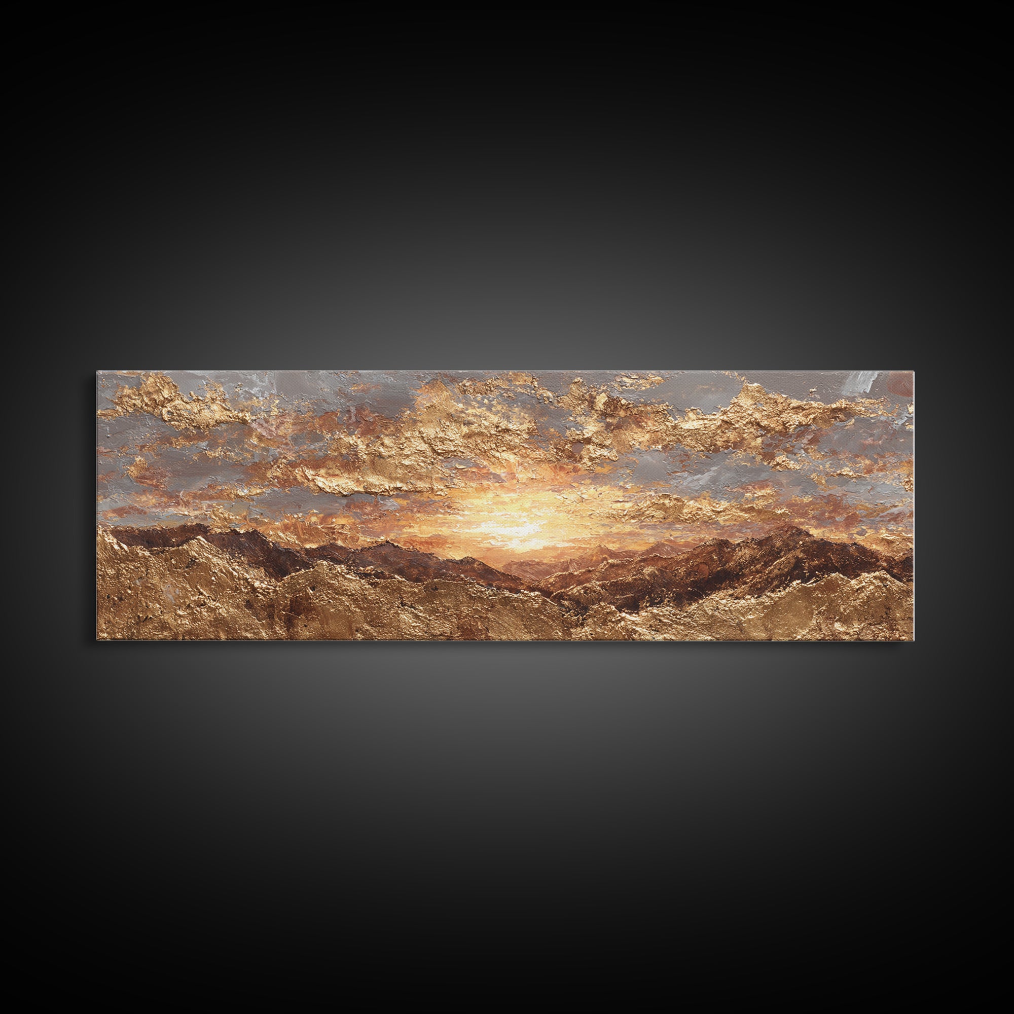 Sunlit Peaks Gold Canvas Print, Golden Mountain Sunrise Wall Art, Abstract Nature Landscape Artwork With Real Wood Frame
