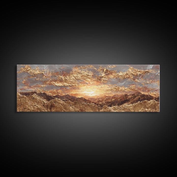 Sunlit Peaks Gold Canvas Print, Golden Mountain Sunrise Wall Art, Abstract Nature Landscape Artwork With Real Wood Frame