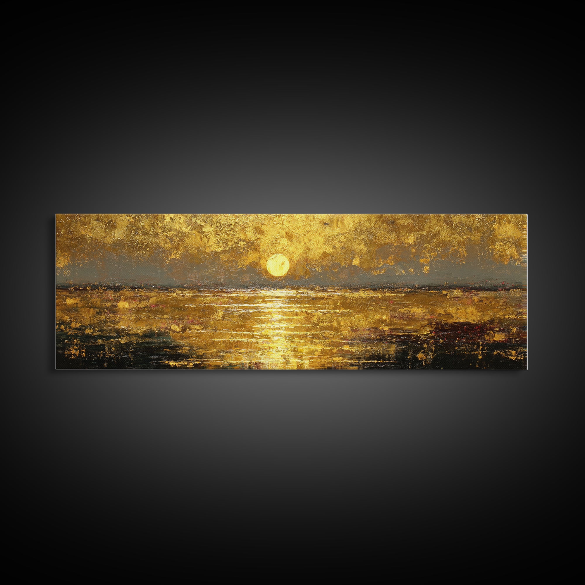 Radiant Reflection Gold Canvas Print, Golden Sun Over Water Wall Art, Shimmering Seascape Artwork With Real Wood Frame