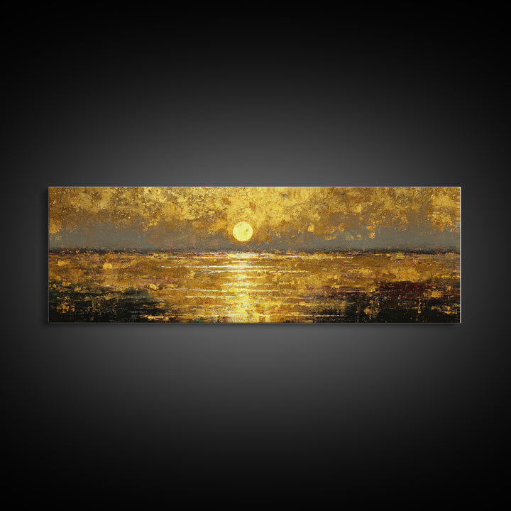 Radiant Reflection Gold Canvas Print, Golden Sun Over Water Wall Art, Shimmering Seascape Artwork With Real Wood Frame