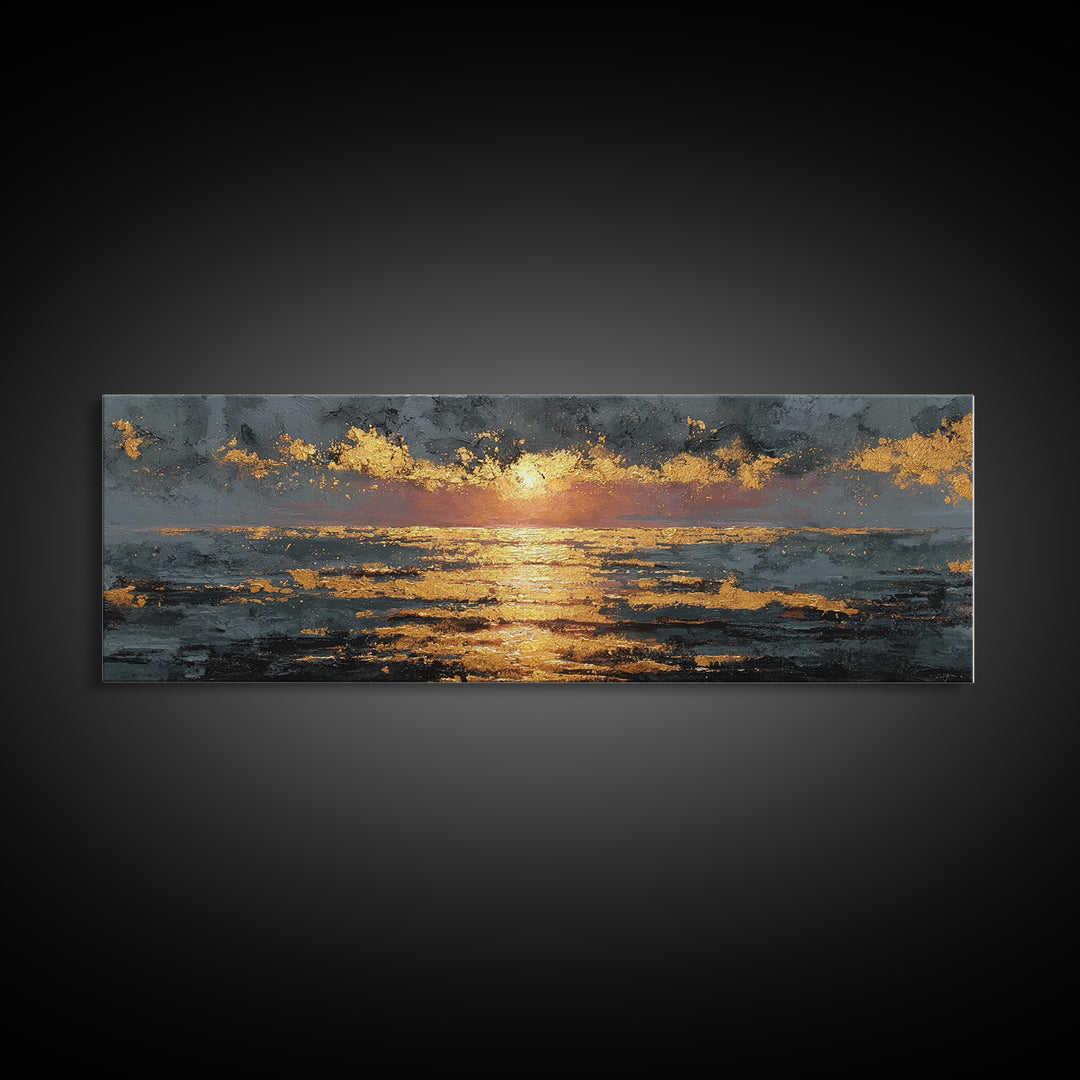 Ocean Sunset Gold Canvas Print, Glowing Sun Over Waves Wall Art, Modern Coastal Seascape Artwork With Real Wood Frame