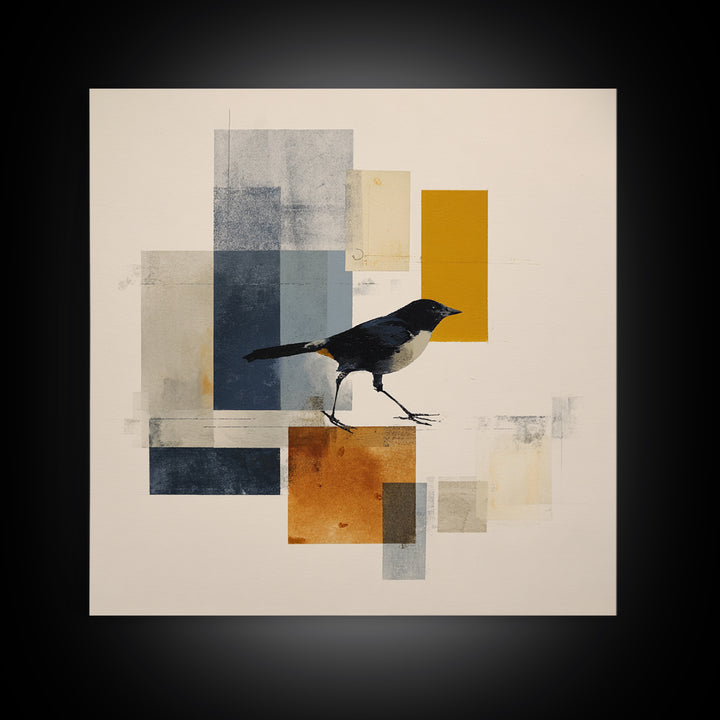 Small Black Bird Crossing White Space Framed Canvas Print, Minimalist Art, Large Wall Art, Living Room Decor, Fine Art, Minimal, MIN-1x1-7