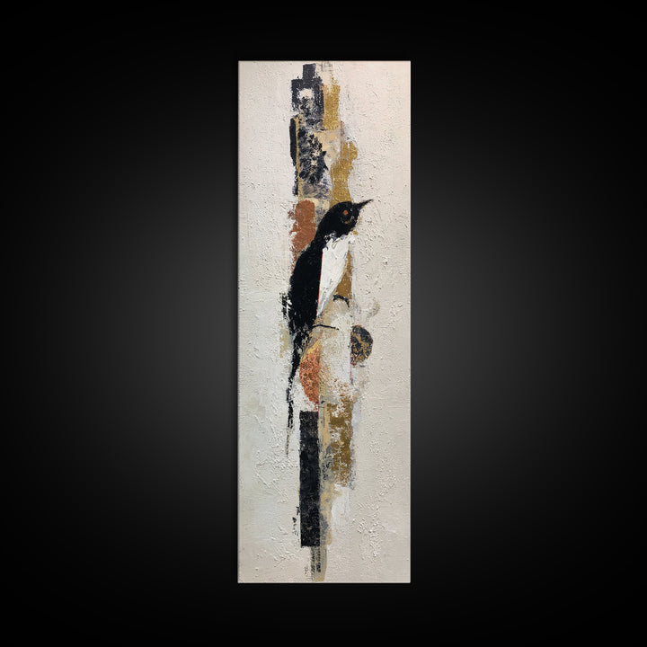 Small Black Bird Crossing White Space Framed Canvas Print, Minimalist Art, Boho Decor, Living Room Decor, Oil Painting, Minimal, MIN-1x3-91