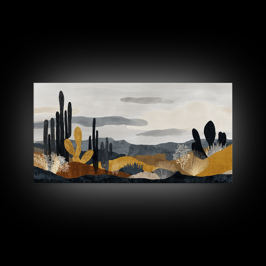 Black and White Cactus Silhouette Framed Canvas Print, Minimalist Art, Fine Art Print, Living Room Decor, Fine Art, Minimal, MIN-2x1-16