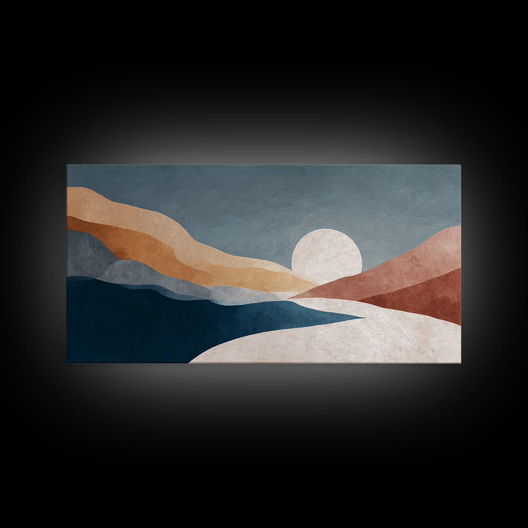 Minimal Moon over a Pale Ocean Framed Canvas Print, Minimalist Art, Printable Wall Art, Living Room Decor, Fine Art, Minimal, MIN-2x1-29