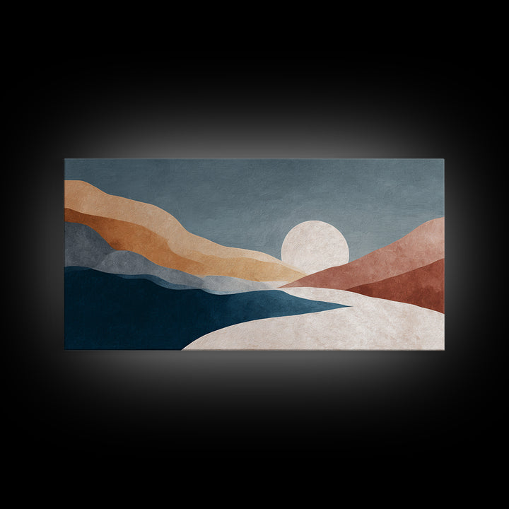 Minimal Moon over a Pale Ocean Framed Canvas Print, Minimalist Art, Printable Wall Art, Living Room Decor, Fine Art, Minimal, MIN-2x1-29