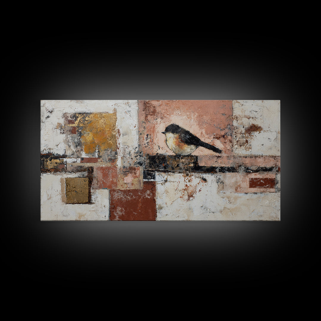 Small Black Bird Crossing White Space Framed Canvas Print, Minimalist Art, Large Wall Art, Living Room Decor, Fine Art, Minimal, MIN-2x1-3