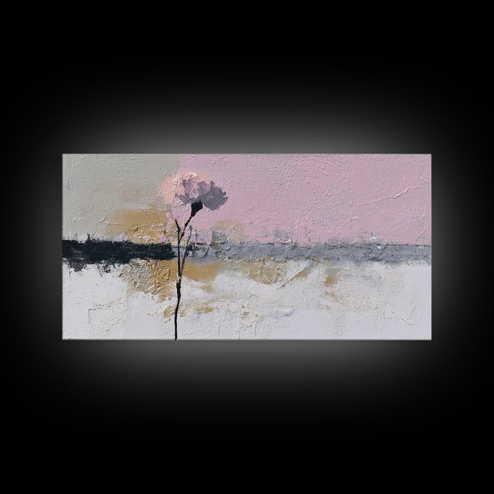 Single Flower Stem Framed Canvas Print, Minimalist Art, Black Art, Living Room Decor, Oil Painting, Minimal, MIN-2x1-80