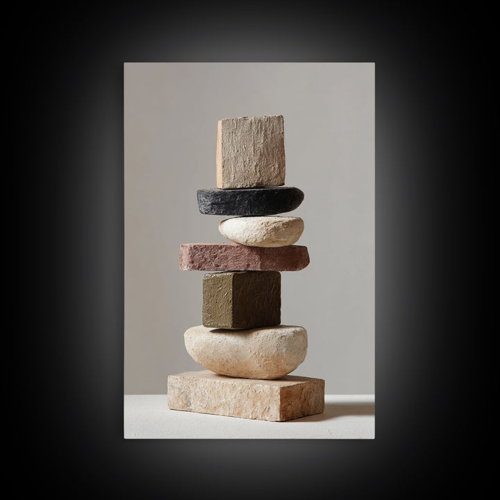 Quiet Stone Stack Framed Canvas Print, Minimalist Art, Digital Wall Art, Living Room Decor, Abstract Art, Minimal, MIN-2x3-43