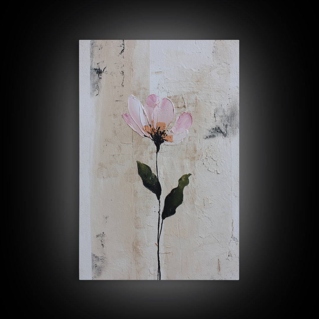 Single Flower Stem Framed Canvas Print, Minimalist Art, Black Art, Living Room Decor, Oil Painting, Minimal, MIN-2x3-68