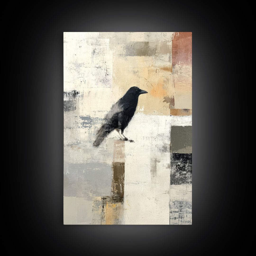 Small Black Bird Crossing White Space Framed Canvas Print, Minimalist Art, Abstract Painting, Living Room Decor, Minimal, MIN-2x3-87