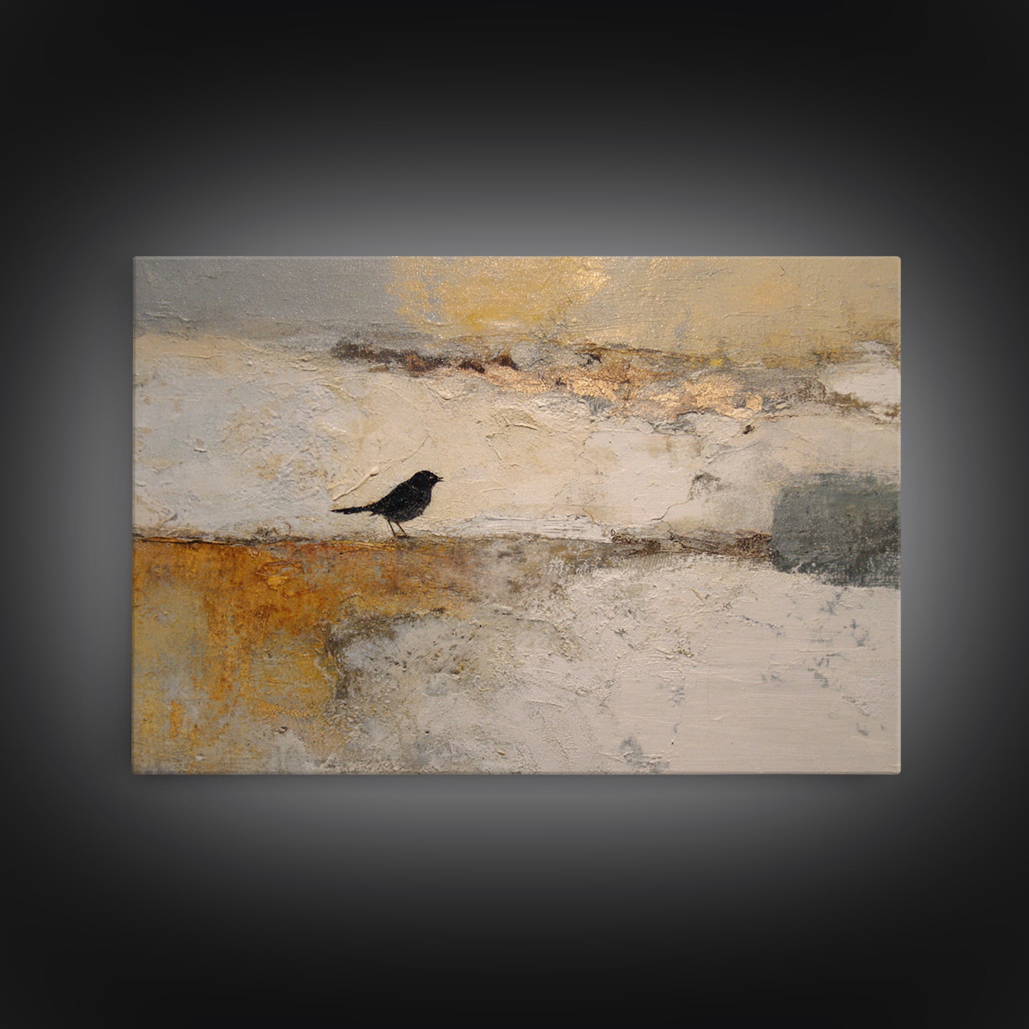 Small Black Bird Crossing White Space Framed Canvas Print, Minimalist Art, Room Decor, Living Room Decor, Fine Art, Minimal, MIN-3x2-35