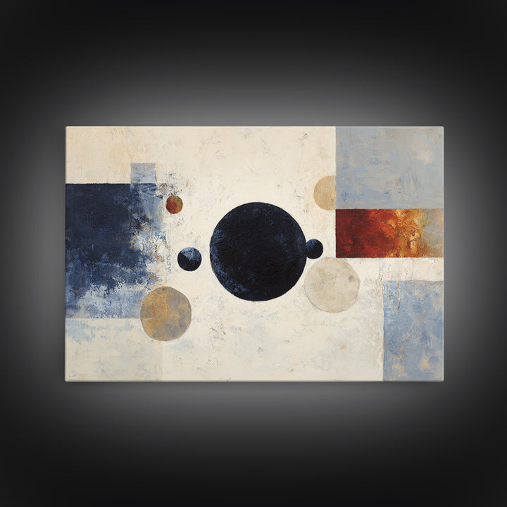 Single Black Circle on Warm Ivory Ground Framed Canvas Print, Minimalist Art, Abstract Painting, Living Room Decor, Minimal, MIN-3x2-5