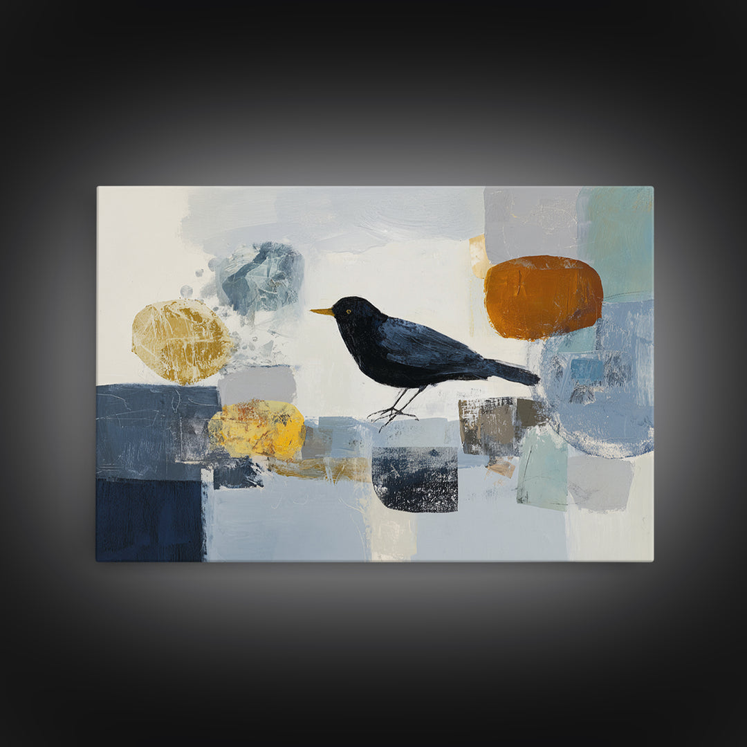 Small Black Bird Crossing White Space Canvas Print, Minimalist Art, Large Wall Art, Living Room Decor, Fine Art, Minimal, MIN-3x2-83