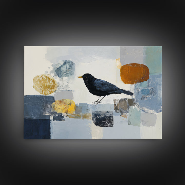 Small Black Bird Crossing White Space Canvas Print, Minimalist Art, Large Wall Art, Living Room Decor, Fine Art, Minimal, MIN-3x2-83