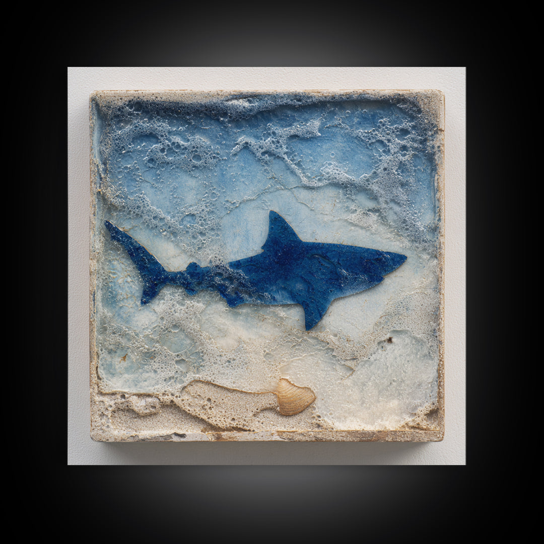 Shark Silhouette in Deep Blue Light Framed Canvas Print, Marine Life Art, Coastal Wall Art, Living Room Decor, Fine Art, Marine, MLA-1x1-12