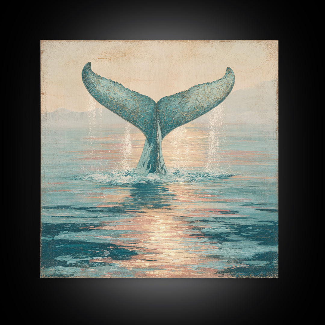 Whale Tail Rising from Misty Ocean Framed Canvas Print, Marine Life Art, Ocean Art, Living Room Decor, Oil Painting, Marine, MLA-1x1-2