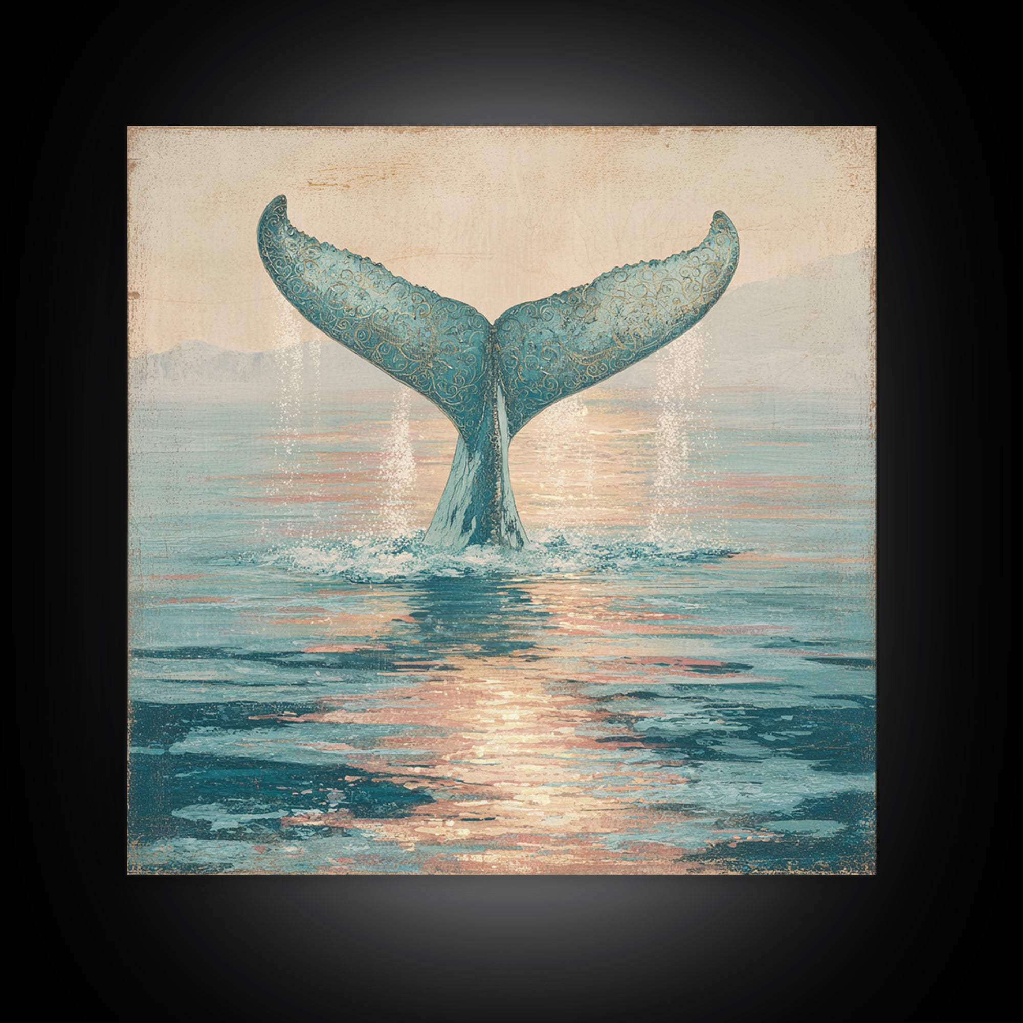 Whale Tail Rising from Misty Ocean Framed Canvas Print, Marine Life Art, Ocean Art, Living Room Decor, Oil Painting, Marine, MLA-1x1-2