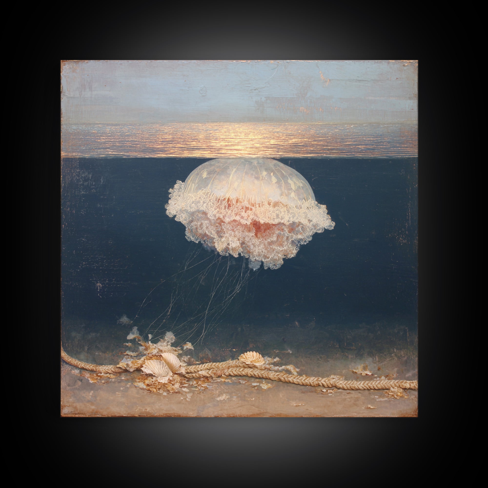 Jellyfish Floating in Luminous Dark Water Canvas Print, Marine Life Art, Fish Art, Living Room Decor, Oil Painting, Marine, MLA-1x1-30