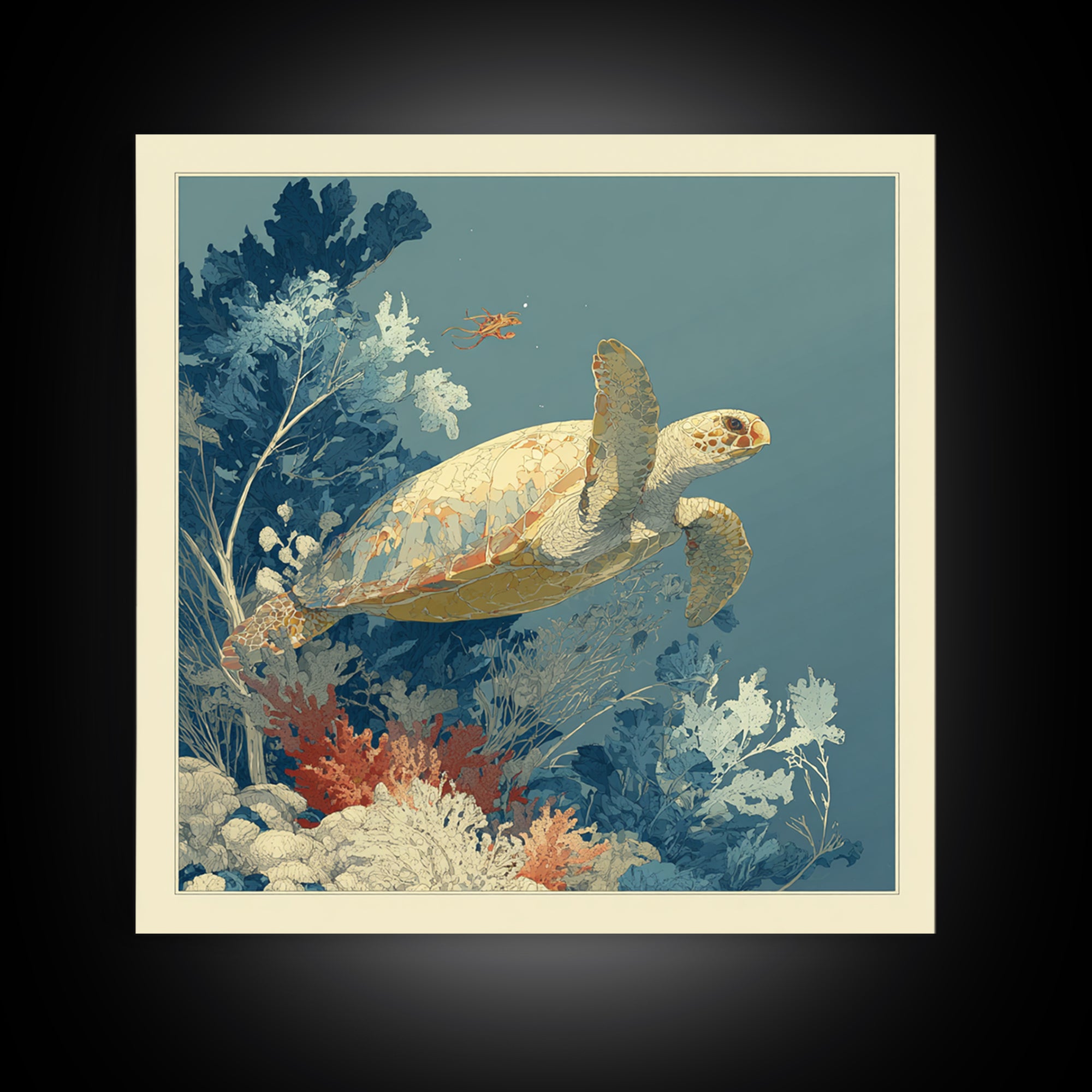 Bioluminescent Plankton Around Swimming Turtle Framed Canvas Print, Marine Life Art, Wall Art, Living Room Decor, Marine, MLA-1x1-48