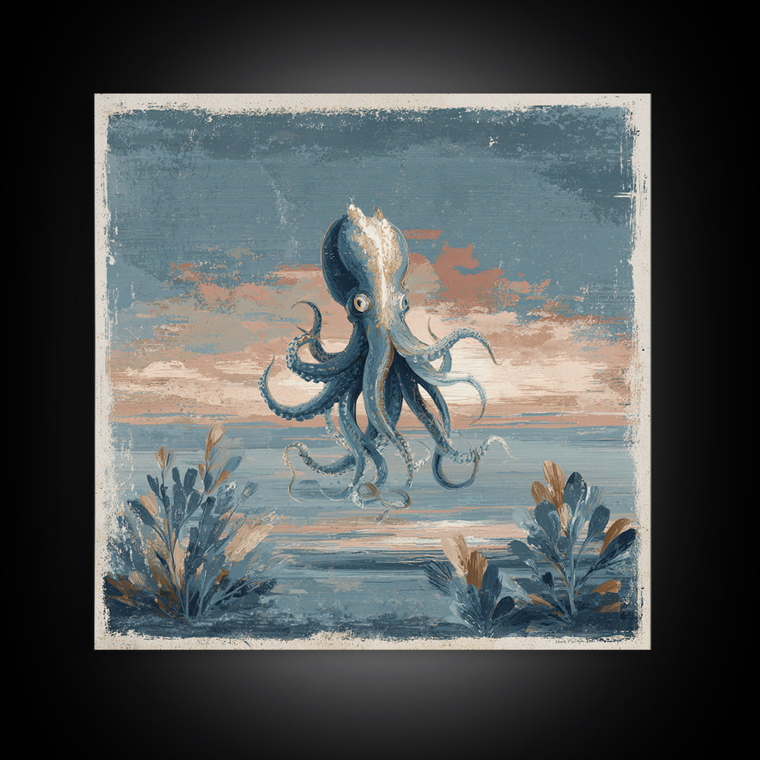 Squid in a Mysterious Midnight Sea Framed Canvas Print, Marine Life Art, Ocean Painting, Living Room Decor, Fine Art, Marine, MLA-1x1-67