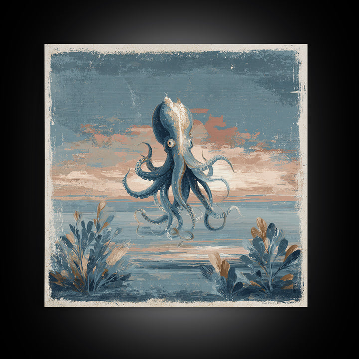 Squid in a Mysterious Midnight Sea Framed Canvas Print, Marine Life Art, Ocean Painting, Living Room Decor, Fine Art, Marine, MLA-1x1-67