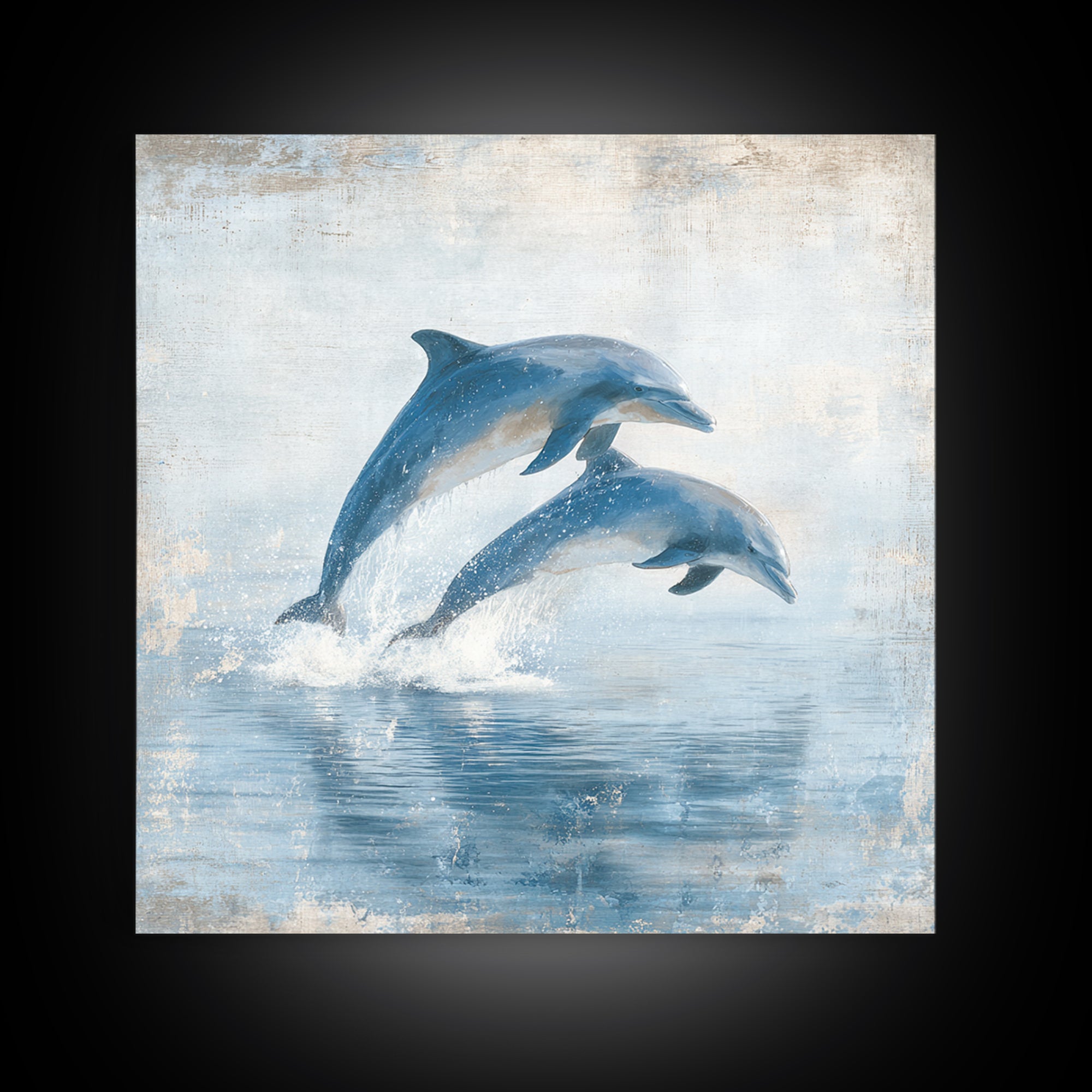 Dolphins Leaping Through Sunlit Waves Framed Canvas Print, Marine Life Art, Coastal Art, Living Room Decor, Fine Art, Marine, MLA-1x1-7