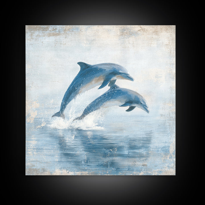 Dolphins Leaping Through Sunlit Waves Framed Canvas Print, Marine Life Art, Coastal Art, Living Room Decor, Fine Art, Marine, MLA-1x1-7