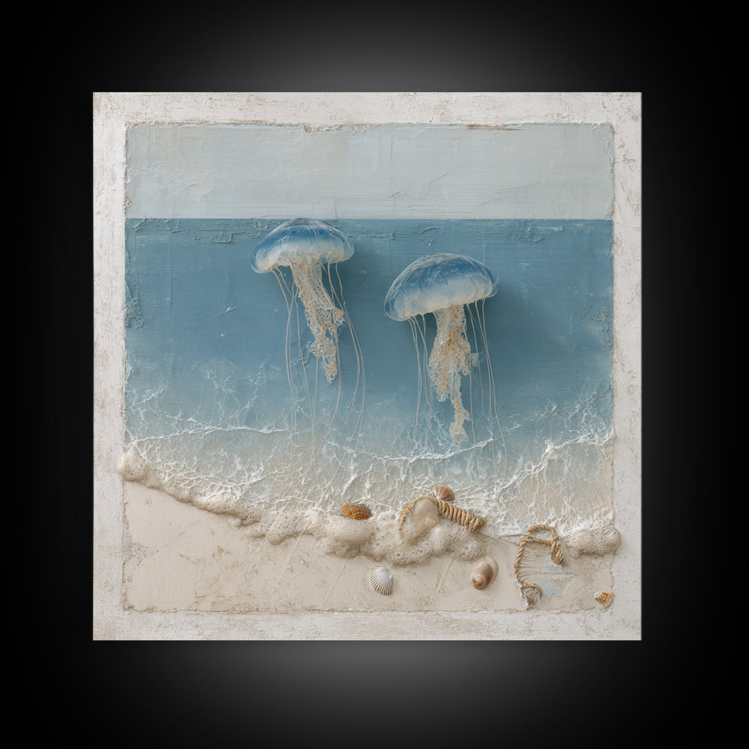 Jellyfish Floating in Luminous Dark Water Framed Canvas Print, Marine Life Art, Pastel Wall Art, Living Room Decor, Marine, MLA-1x1-78