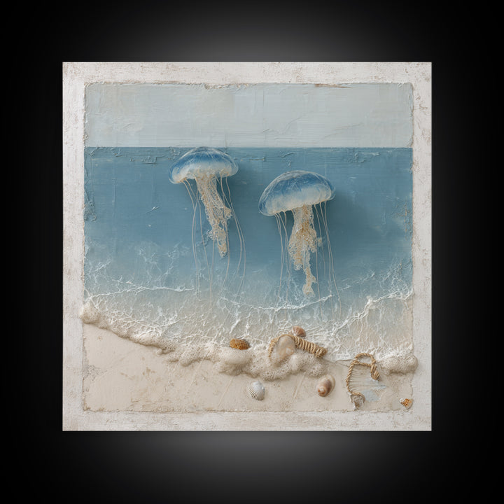 Jellyfish Floating in Luminous Dark Water Framed Canvas Print, Marine Life Art, Pastel Wall Art, Living Room Decor, Marine, MLA-1x1-78